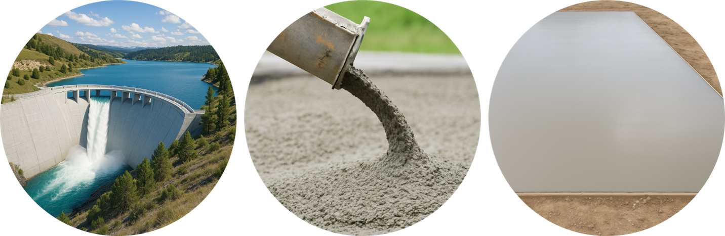 Three stages of concrete: major dam infrastructure, concrete pouring process, and finished concrete surface